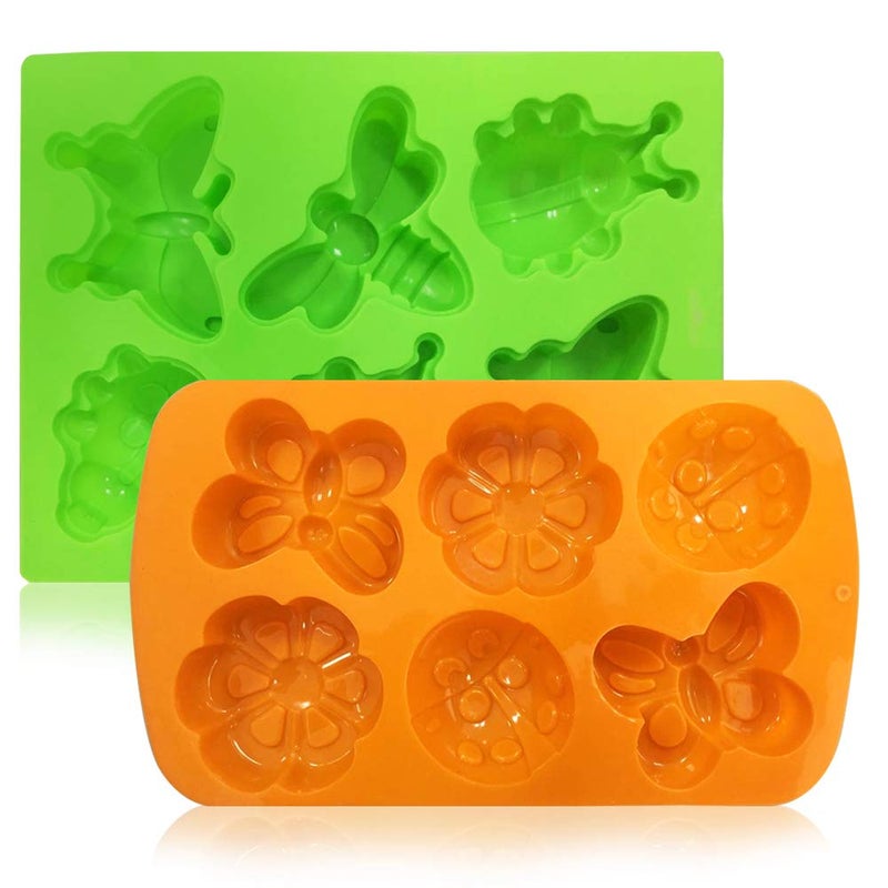 SENHAI 2 Pcs Insect shape Silicone Trays, SENHAI 6-Cavity 3D Dragonfly Butterfly Ladybug shape Cake Baking Molds, DIY Soap Handmade Muffin Biscuit Cookie Pans - Orange, Green - Image 2